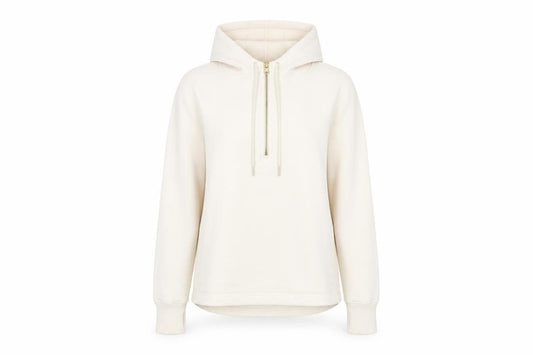 Front view of Athleta women’s ivory polyester pullover hoodie, size S, zip