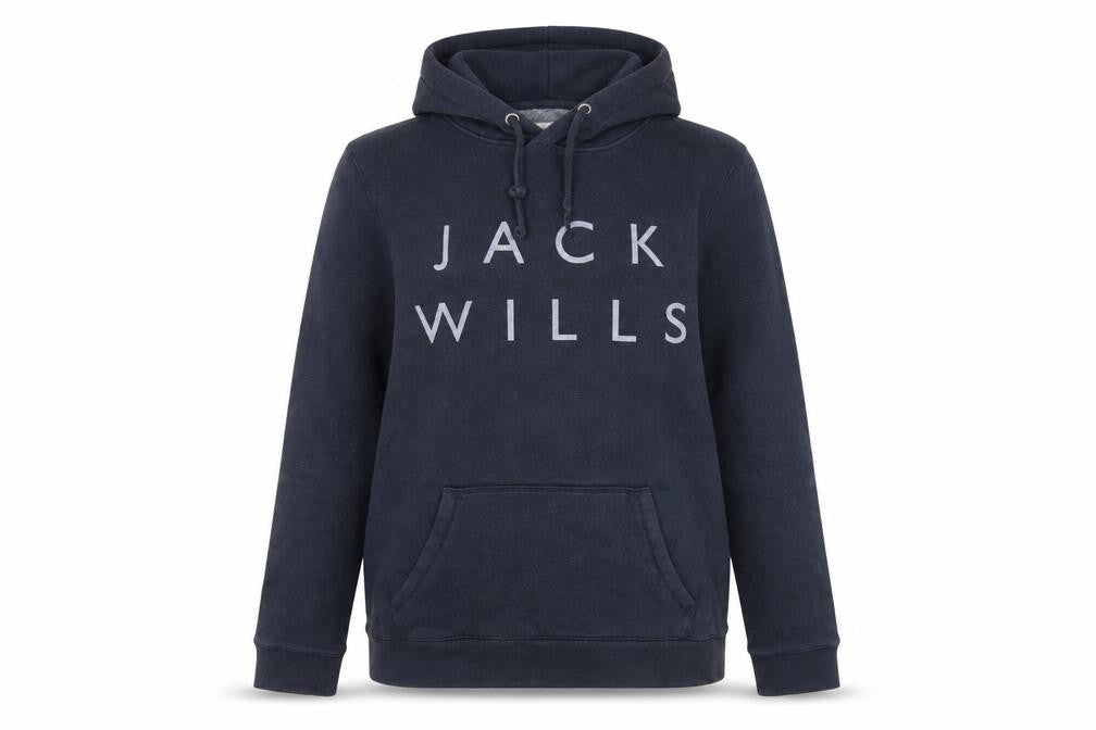 Front view of Jack Wills women’s blue cotton pullover hoodie, size UK 10, pullover