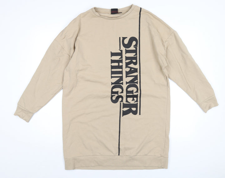 Stranger Things Womens Beige Cotton T-Shirt Dress Size 10 Crew Neck Pullover