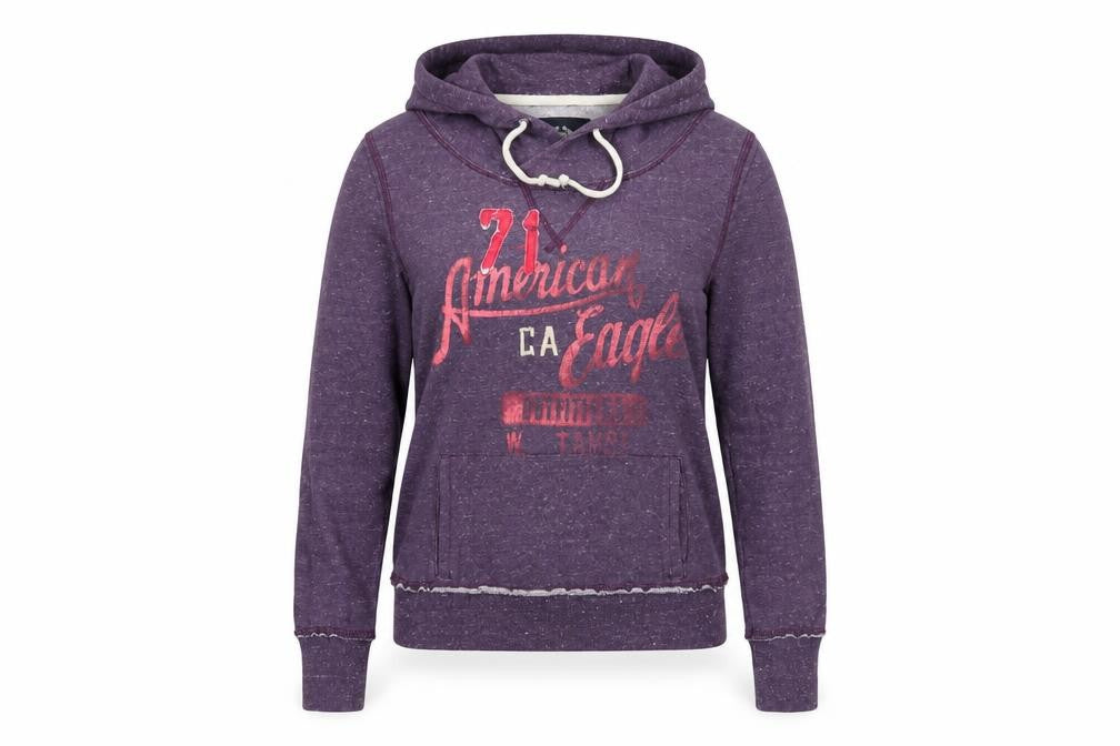 Front view of American Eagle Outfitters women’s purple cotton pullover hoodie, size S, pullover
