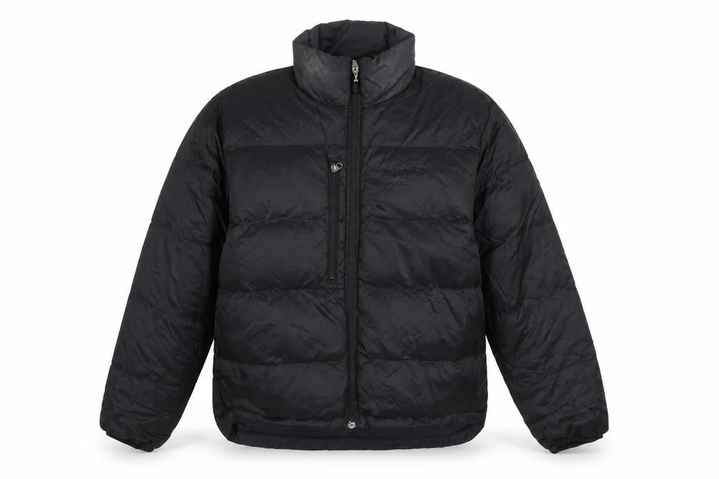 Front view of Timberland women’s black puffer jacket coat, size S, zip