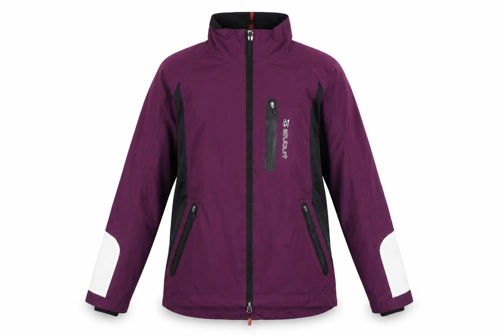 Front view of Stuburt women’s purple rain coat coat, size M, zip