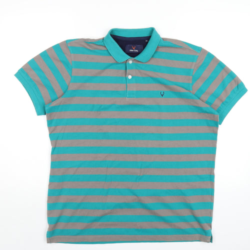 Allen Solly Mens Green Striped Cotton Polo Size XL Collared Button