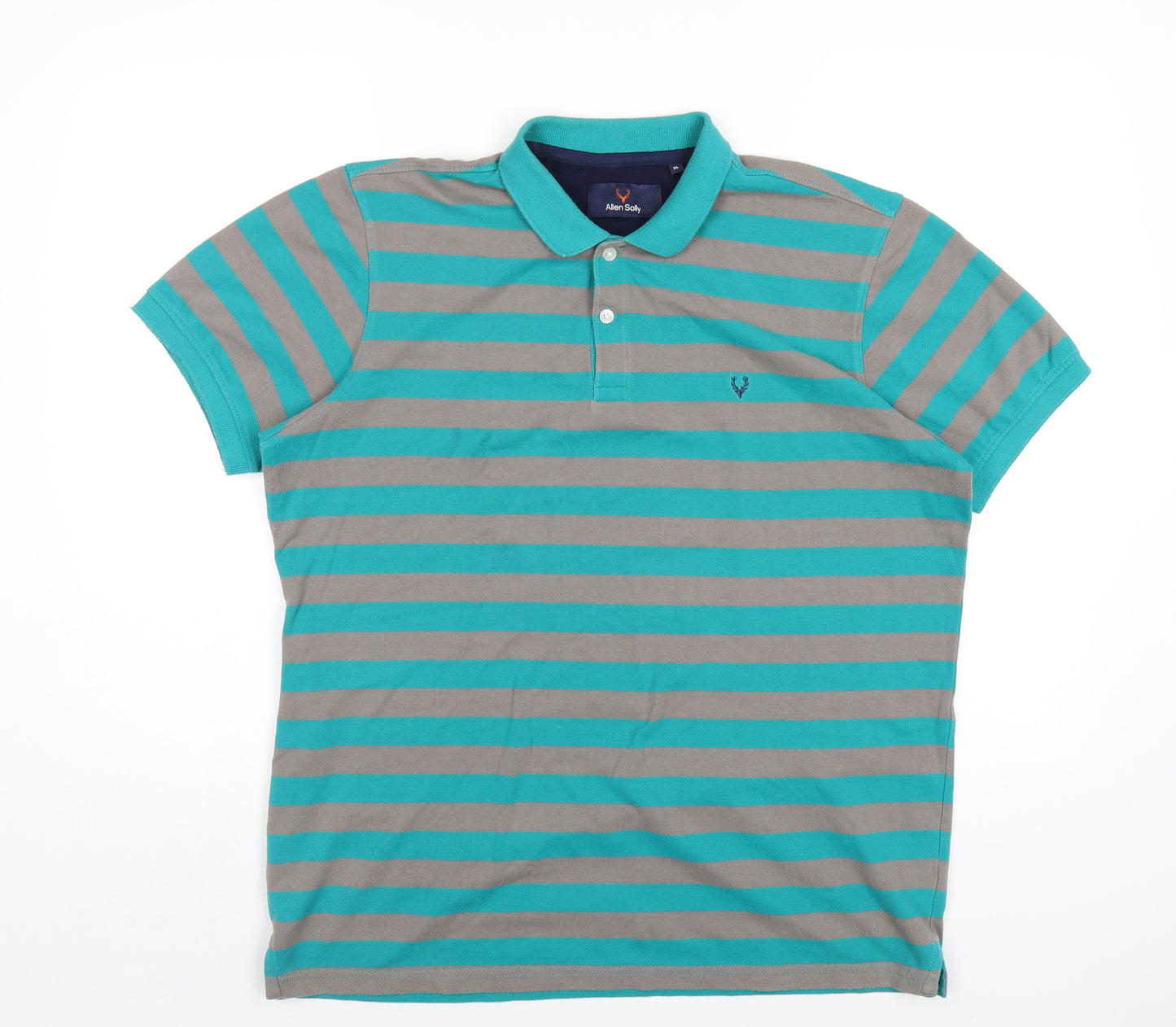 Allen Solly Mens Green Striped Cotton Polo Size XL Collared Button