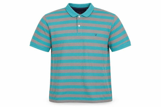 Front view of Allen Solly men’s green striped cotton polo, size XL, collared button