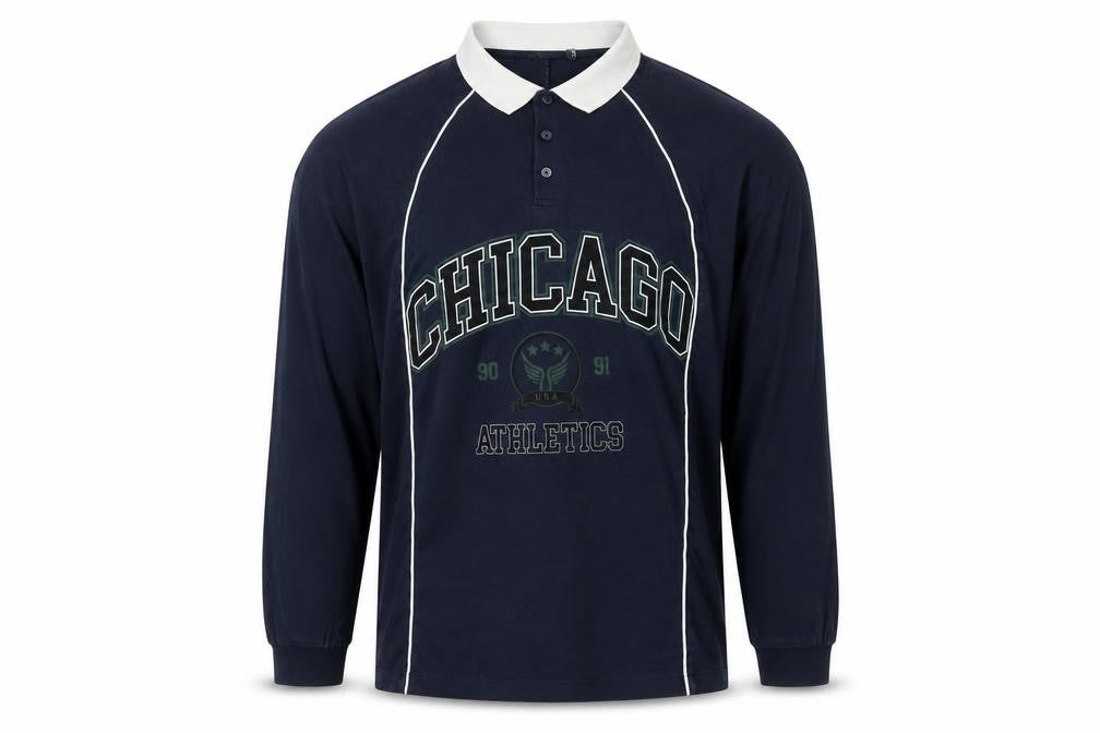 Front view of ASOS men’s blue cotton polo, size M, collared button - chicago athletics