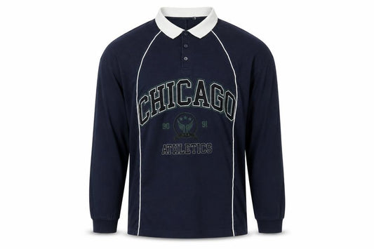 Front view of ASOS men’s blue cotton polo, size M, collared button - chicago athletics