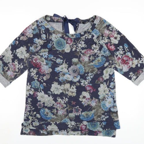 Oasis Womens Blue Floral Viscose Basic T-Shirt Size S Round Neck