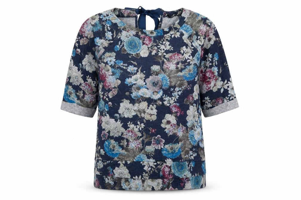 Front view of Oasis women’s blue floral viscose basic t-shirt, size S, round neck