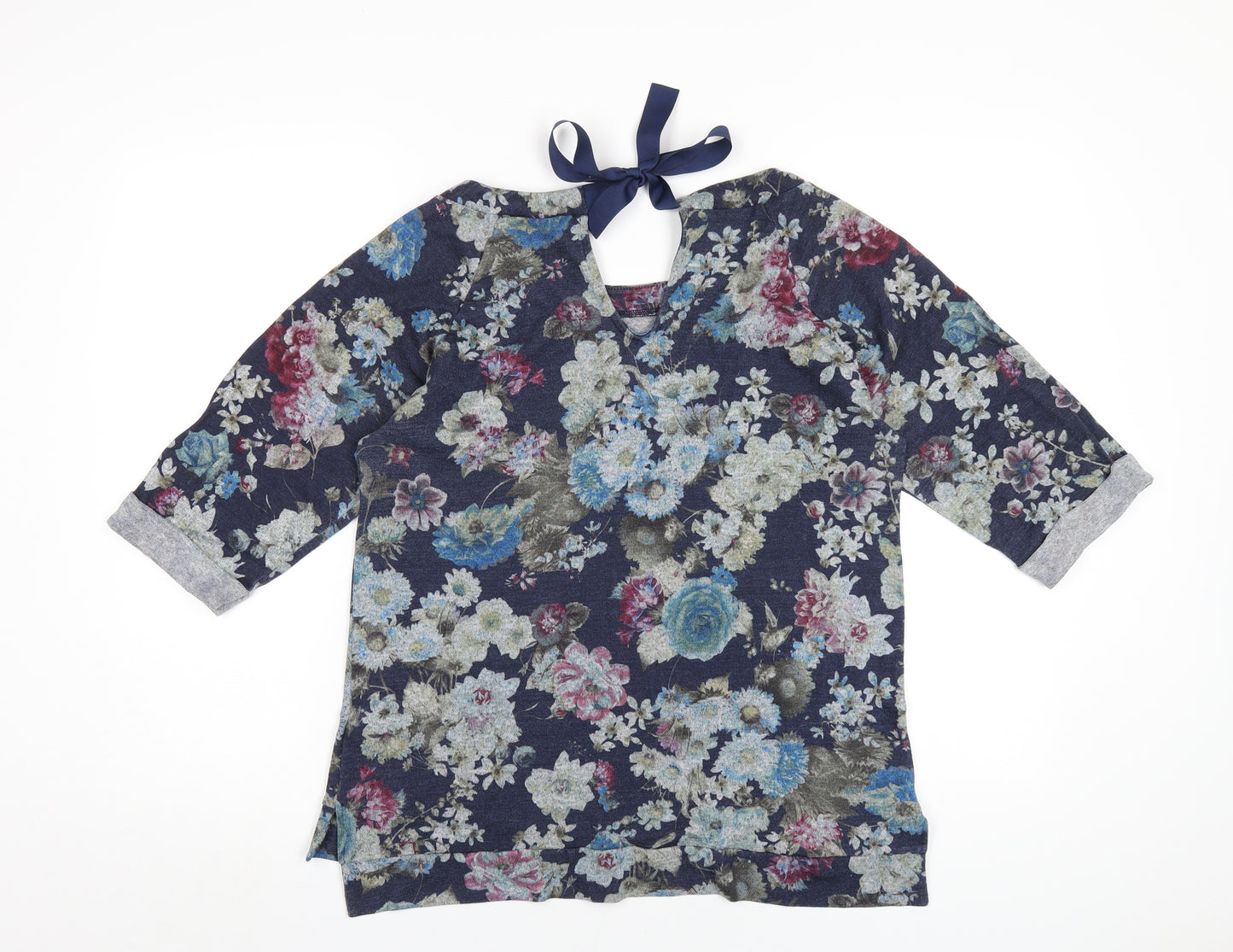 Oasis Womens Blue Floral Viscose Basic T-Shirt Size S Round Neck