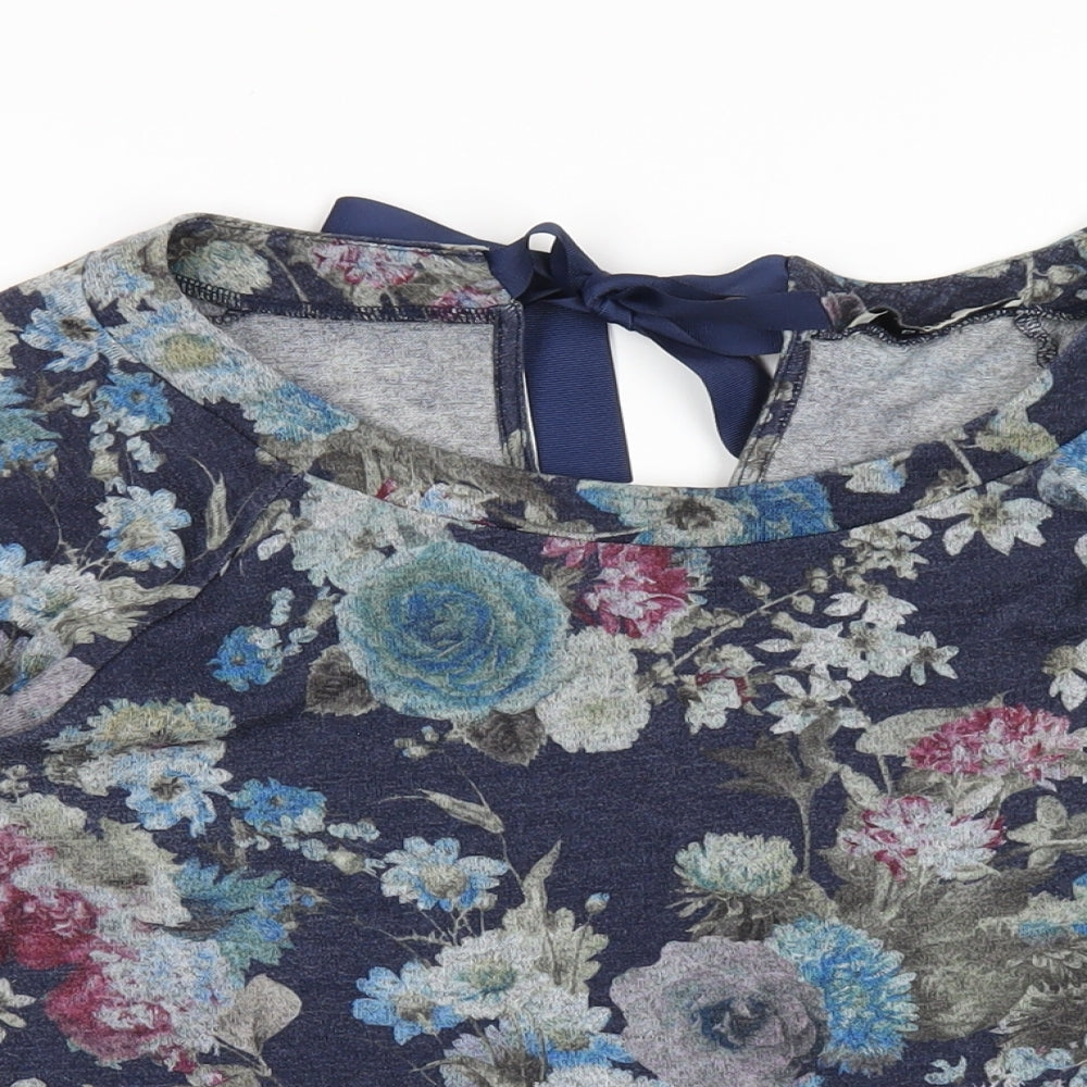 Oasis Womens Blue Floral Viscose Basic T-Shirt Size S Round Neck
