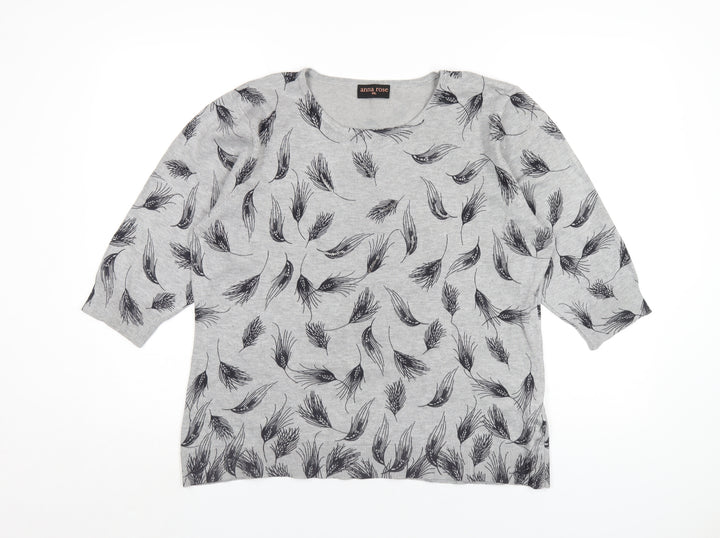 Anna Rose Womens Grey Round Neck Geometric Viscose Pullover Jumper Size 2XL - Feather Pattern
