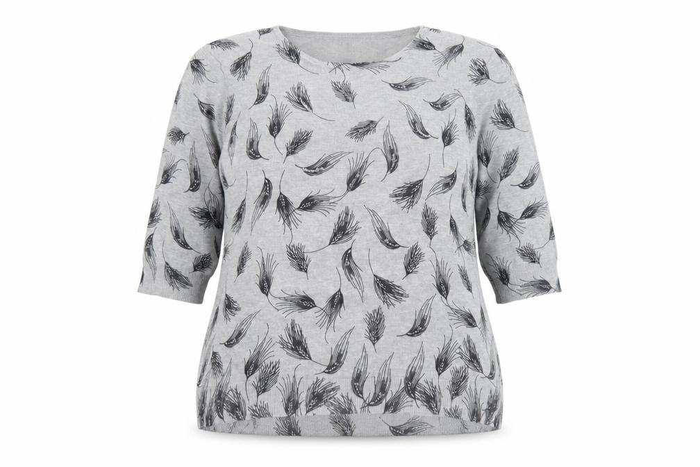 Front view of Anna Rose women’s grey round neck geometric viscose jumper, size 2XL, - feather pattern