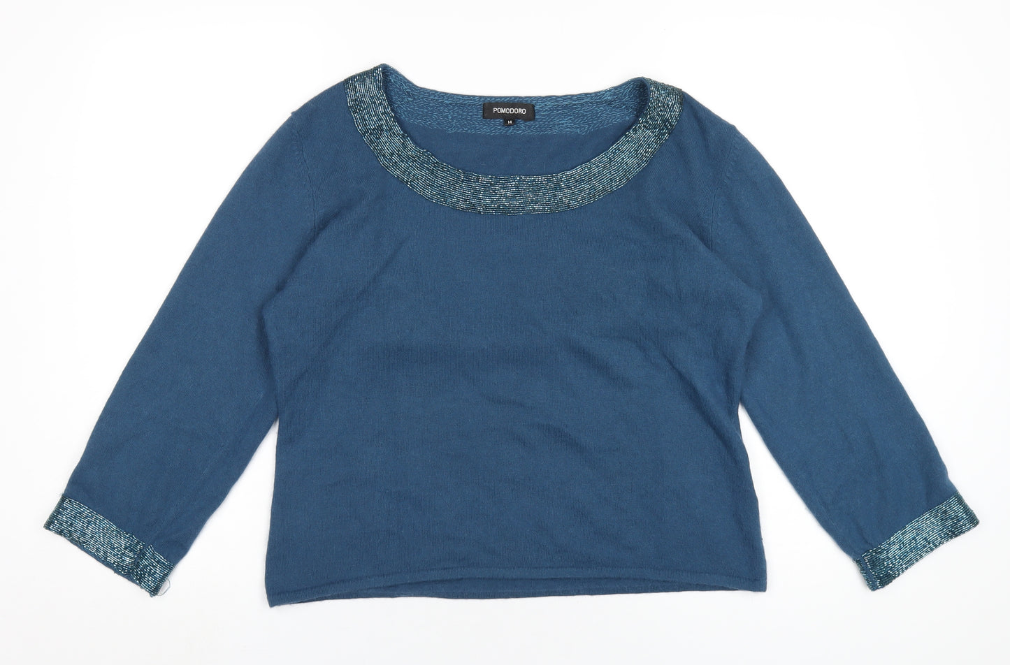 Pomodoro Womens Blue Round Neck Angora Pullover Jumper Size 14 - Beaded Trims