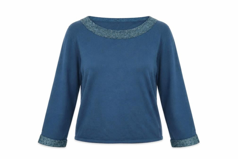 Front view of Pomodoro women’s blue round neck angora jumper, size UK 14, - beaded trims