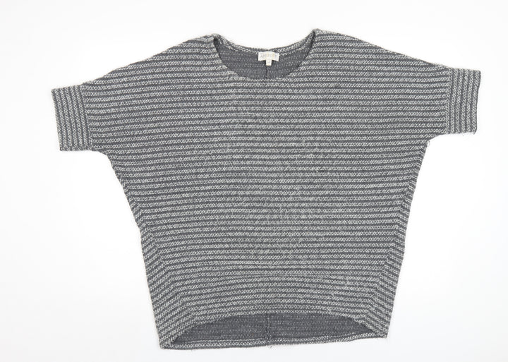 Apricot Womens Grey Round Neck Striped Acrylic Pullover Jumper Size S