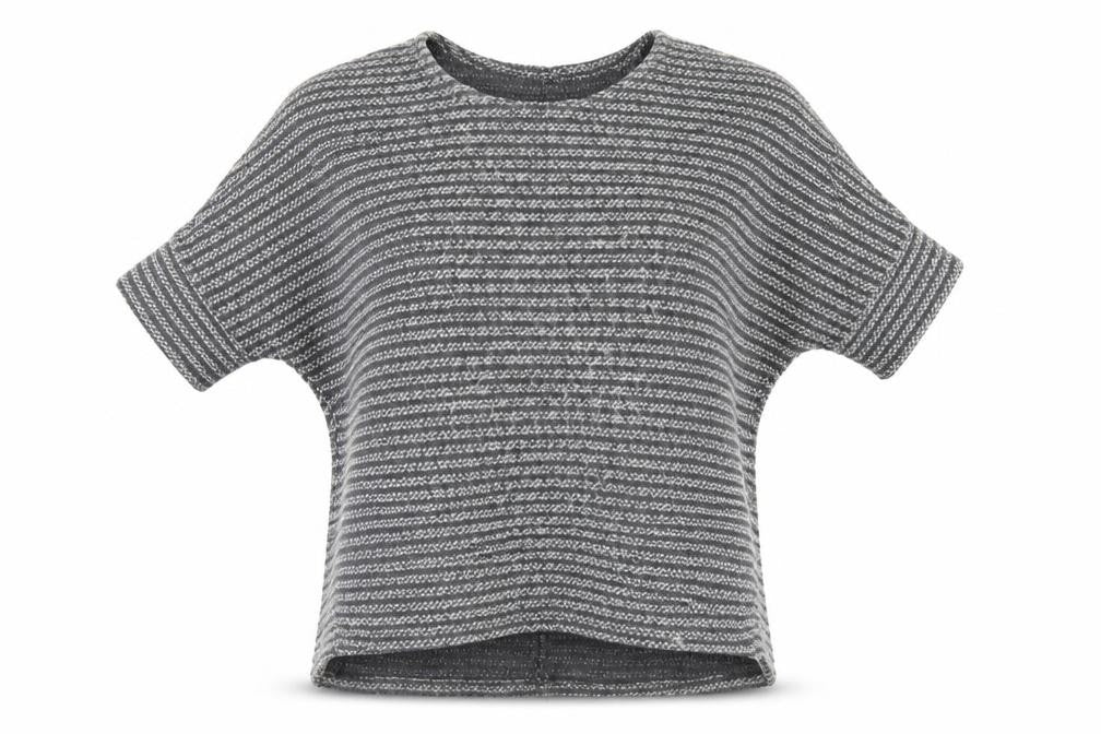 Front view of Apricot women’s grey round neck striped acrylic jumper, size S
