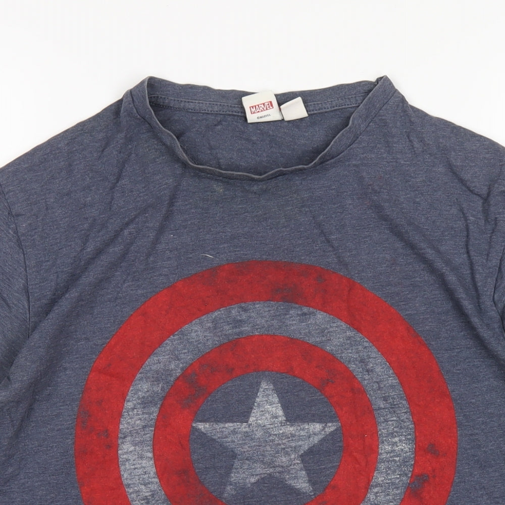 Marvel Mens Blue Cotton T-Shirt Size L Roll Neck - Captain America