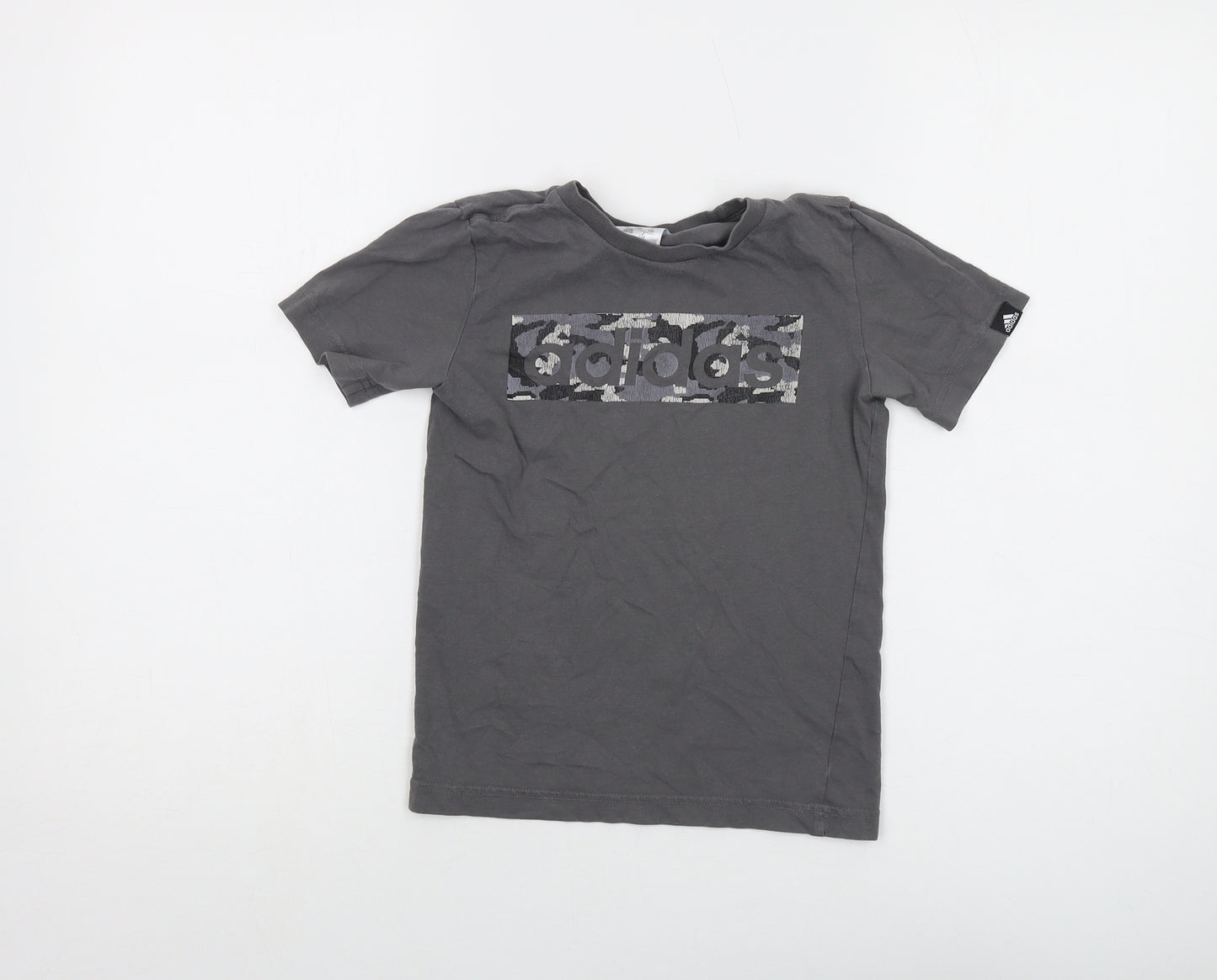 adidas Boys Grey Cotton Basic T-Shirt Size 7-8 Years Crew Neck Pullover - Logo