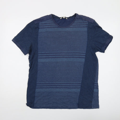 Calvin Klein Mens Blue Striped Cotton T-Shirt Size L Roll Neck