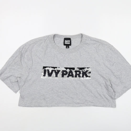 IVY PARK Womens Grey Cotton Cropped T-Shirt Size L Crew Neck - Sequins, Logo