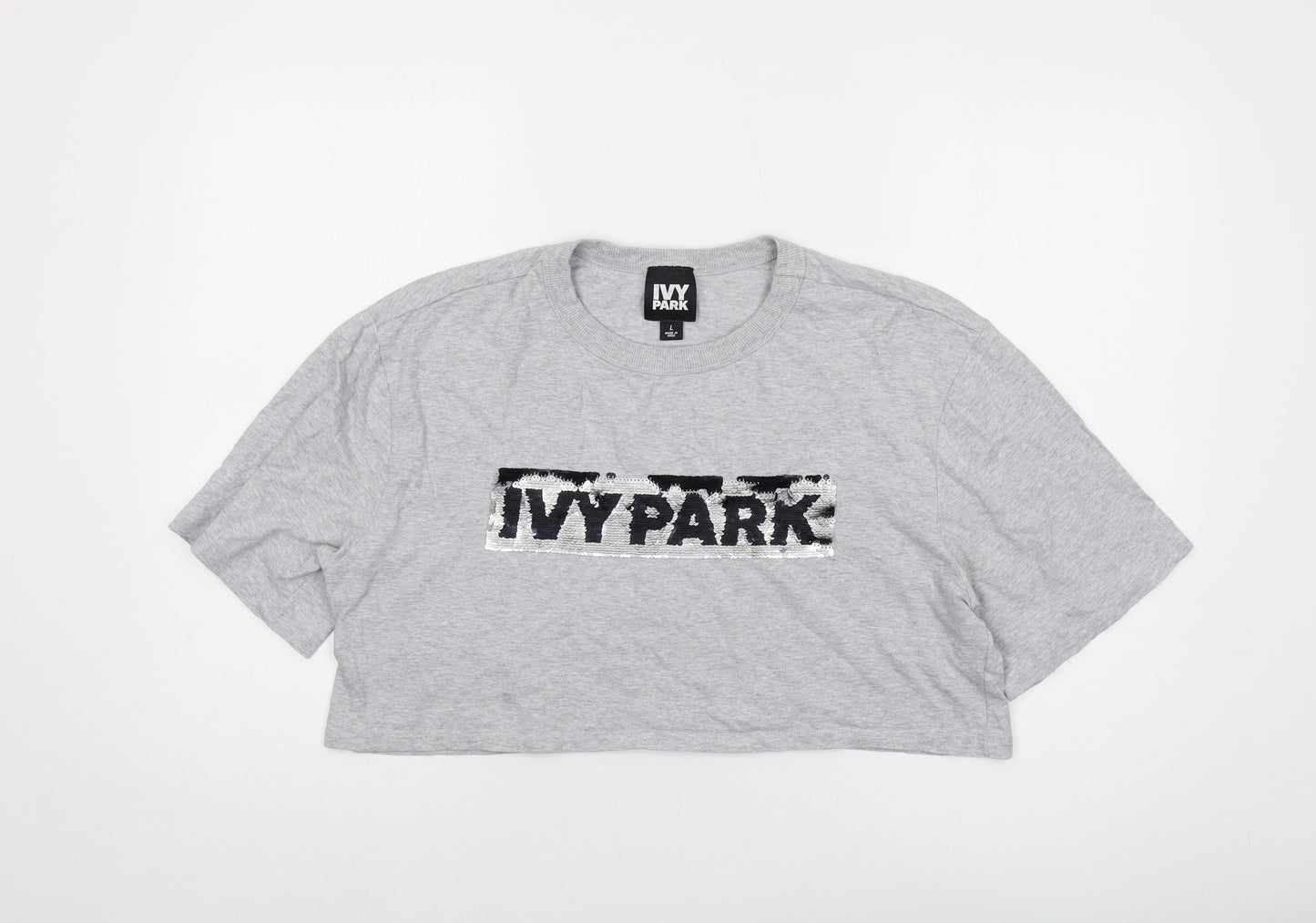 IVY PARK Womens Grey Cotton Cropped T-Shirt Size L Crew Neck - Sequins, Logo