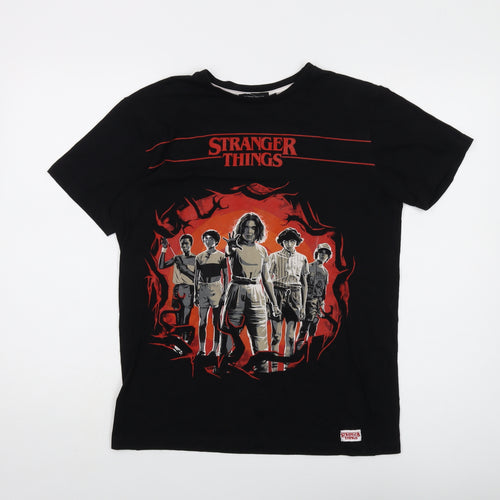 Stranger Things Boys Black Cotton Basic T-Shirt Size 14-15 Years Crew Neck Pullover - Logo