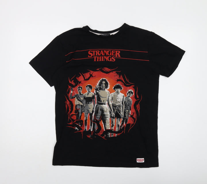 Stranger Things Boys Black Cotton Basic T-Shirt Size 14-15 Years Crew Neck Pullover - Logo
