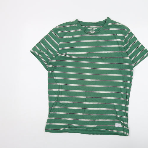 JACK & JONES Mens Green Striped Cotton T-Shirt Size L Crew Neck