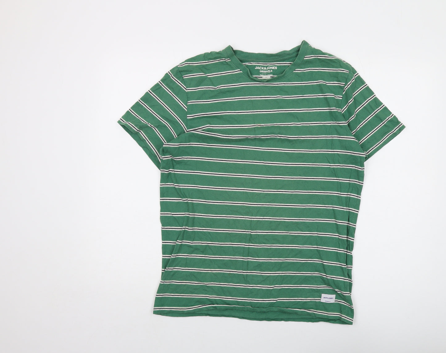 JACK & JONES Mens Green Striped Cotton T-Shirt Size L Crew Neck