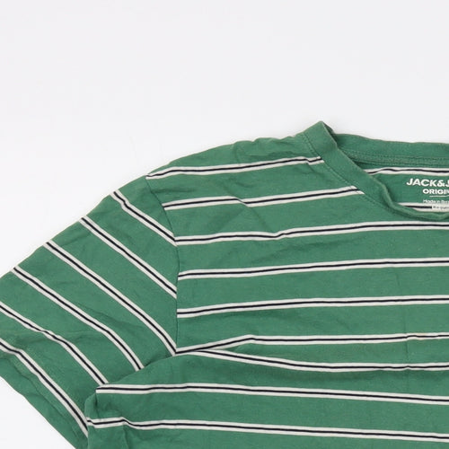 JACK & JONES Mens Green Striped Cotton T-Shirt Size L Crew Neck