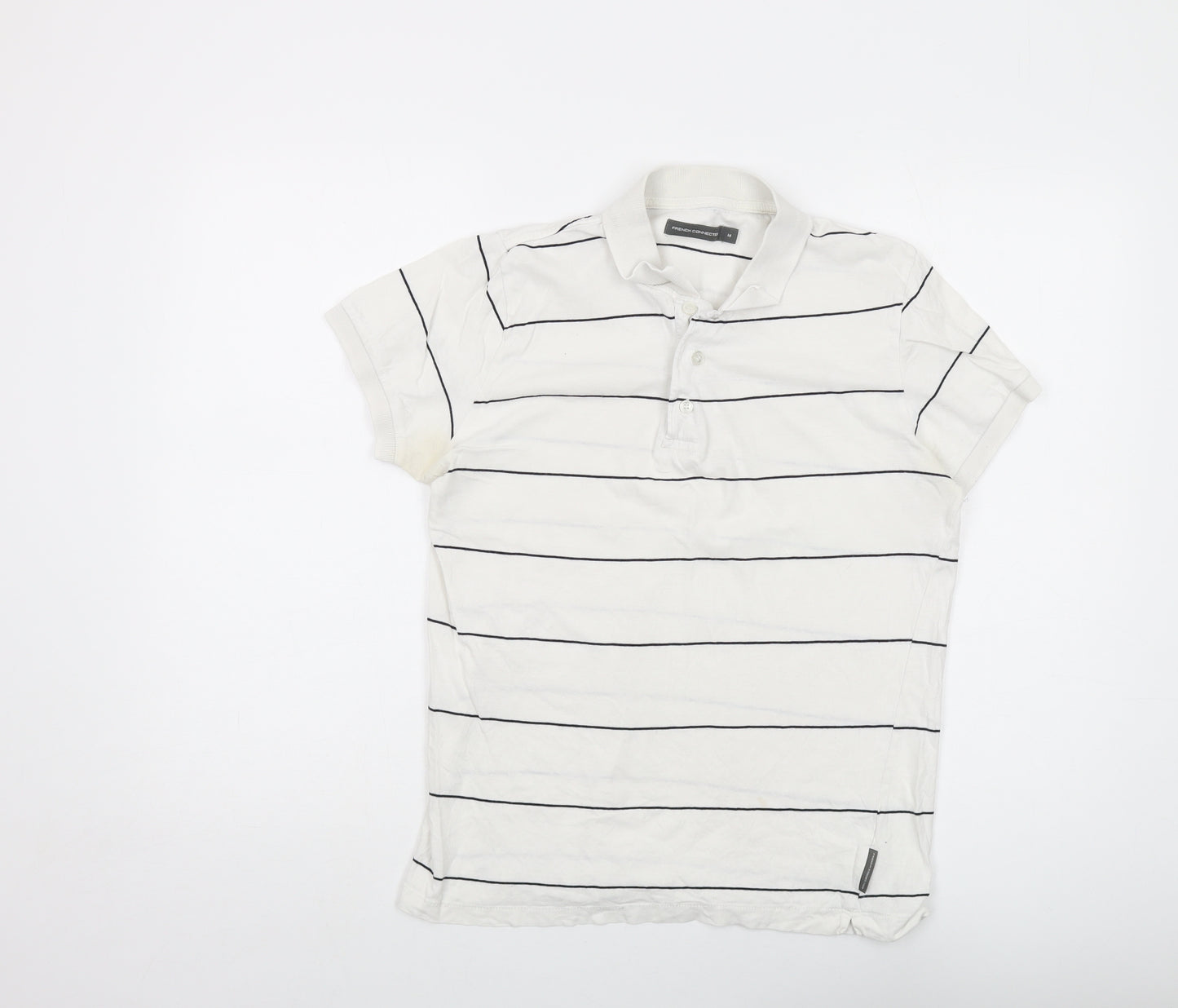 French Connection Womens White Striped Cotton Basic Polo Size M Collared