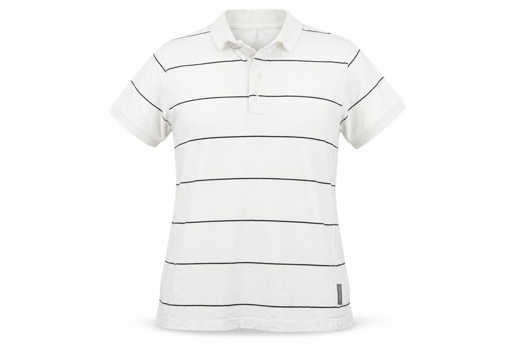 Front view of French Connection women’s white striped cotton basic polo, size M, collared