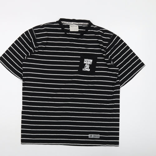 Defected Mens Black Striped Cotton T-Shirt Size L Crew Neck