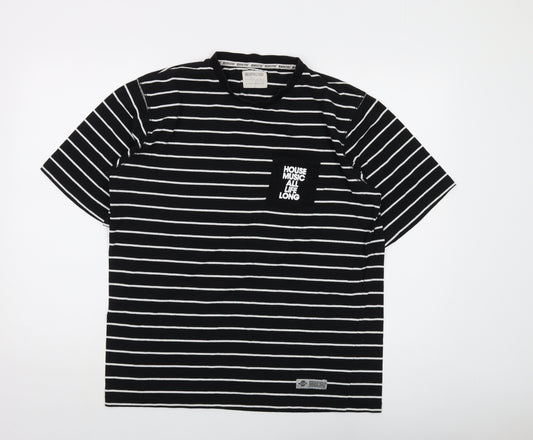 Defected Mens Black Striped Cotton T-Shirt Size L Crew Neck