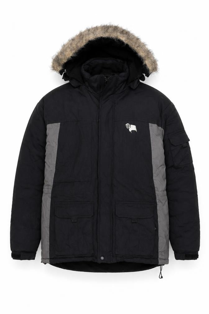Front view of DCFC men’s black jacket, size S, zip