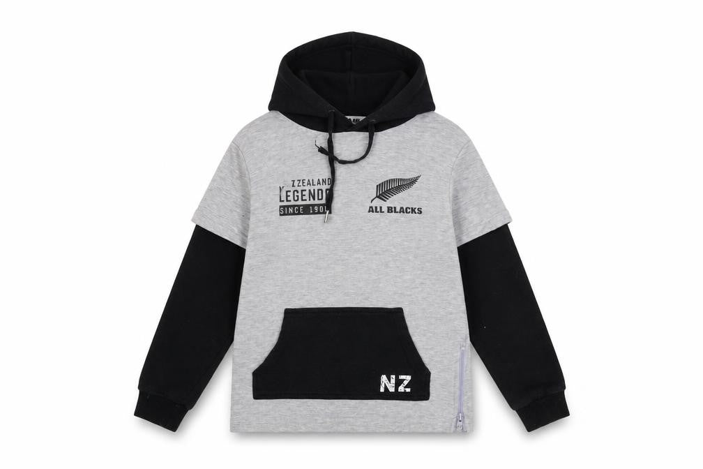 Front view of All Blacks boys’ grey polyester pullover hoodie, size 9, years pullover
