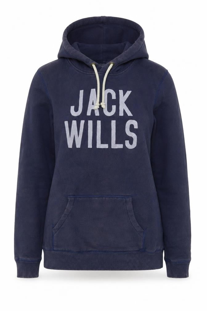 Front view of Jack Wills women’s blue cotton pullover hoodie, size UK 14, pullover