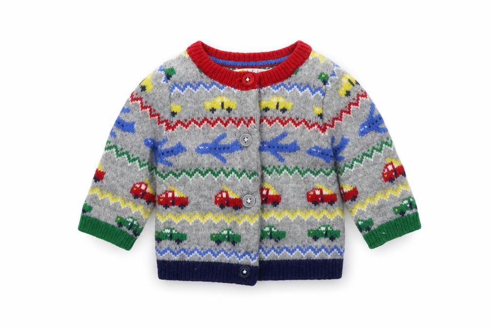 Front view of Bodsen boys’ grey geometric polyamide cardigan jumper, size 0-3, months button