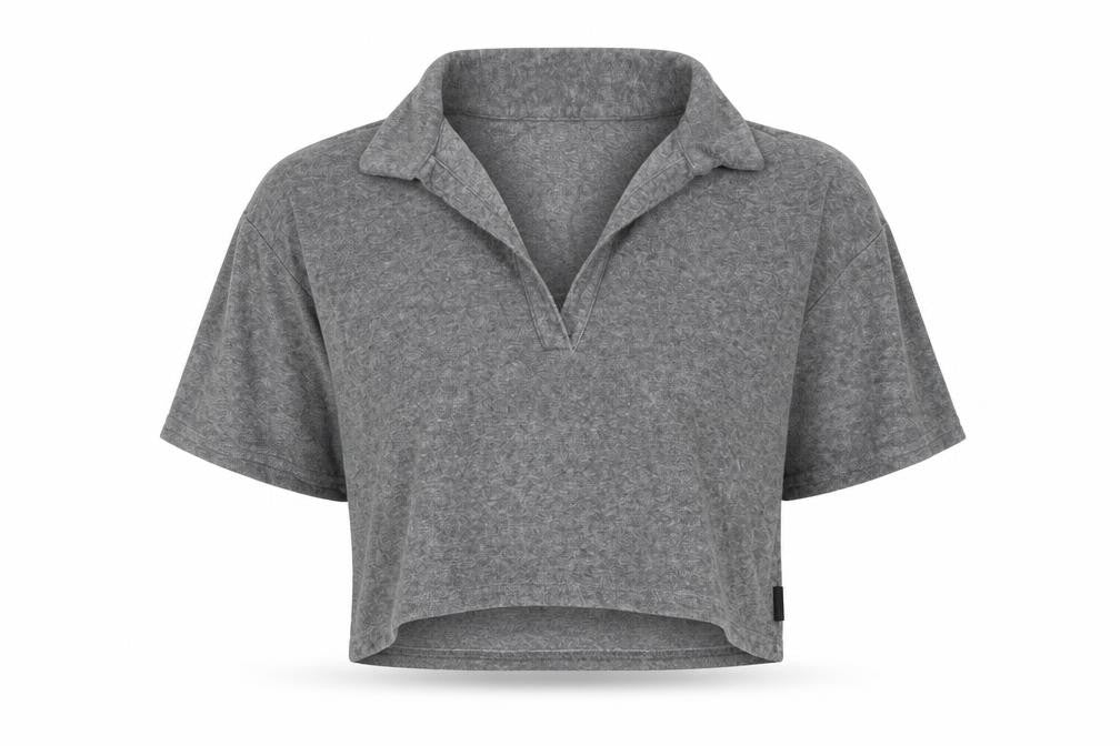 Front view of Gilly Hicks women’s grey viscose cropped blouse, size L, collared