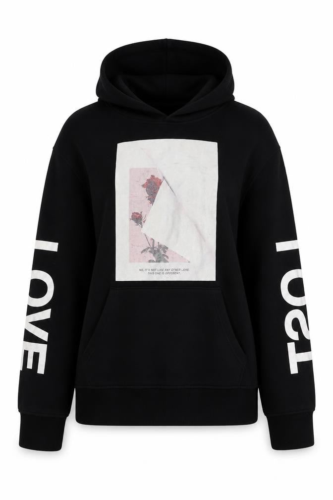 Front view of Profound Aesthetic women’s black cotton pullover hoodie, size S, pullover