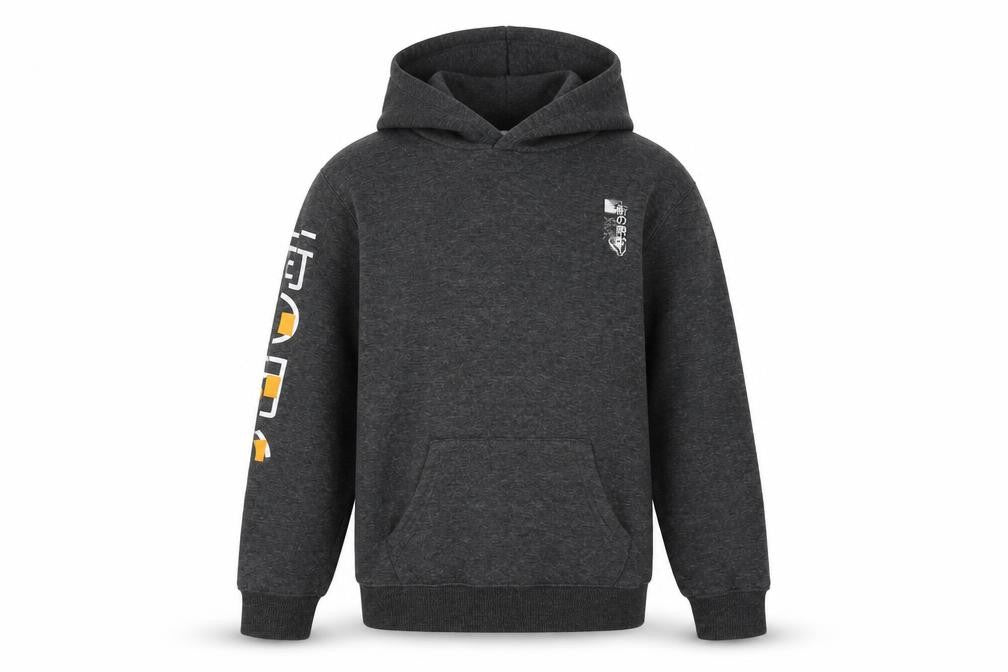 Front view of Fluid boys’ grey polyester pullover hoodie, size 7-8, years pullover