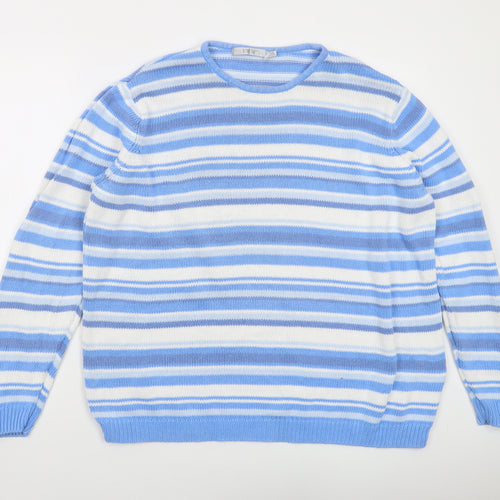 EWM Womens Blue Round Neck Striped Cotton Pullover Jumper Size 22