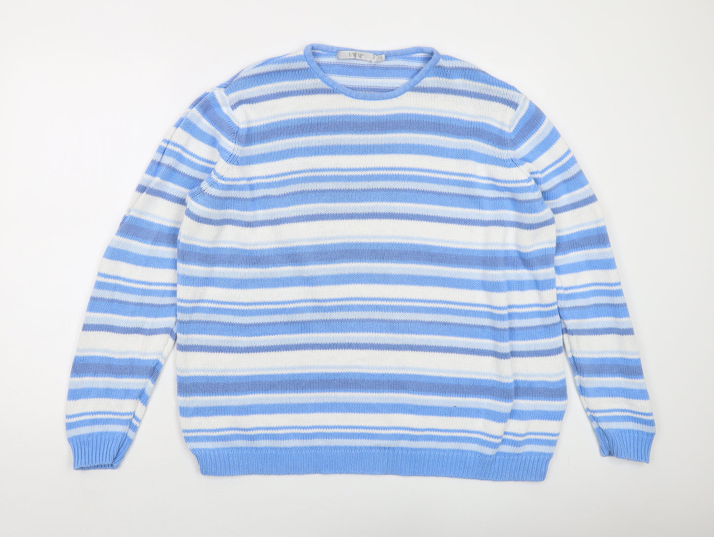 EWM Womens Blue Round Neck Striped Cotton Pullover Jumper Size 22