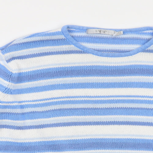 EWM Womens Blue Round Neck Striped Cotton Pullover Jumper Size 22