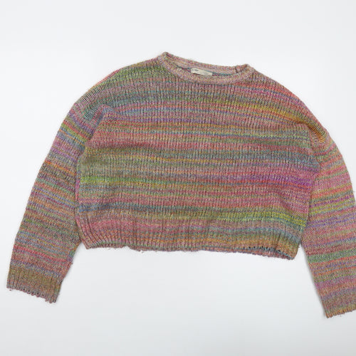 Pull&Bear Womens Multicoloured Round Neck Striped Acrylic Pullover Jumper Size M