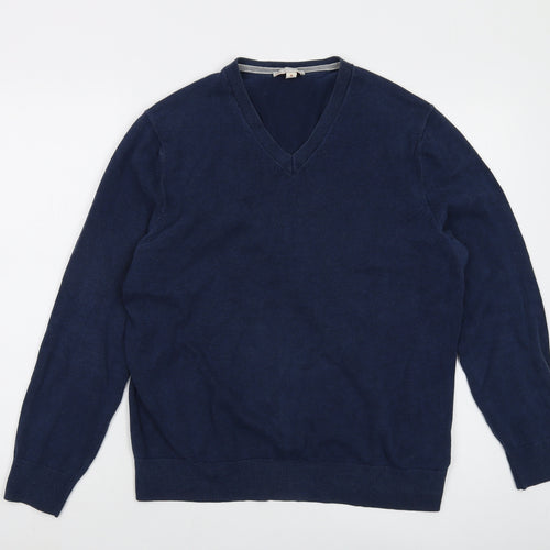 Gap Mens Blue V-Neck Cotton Pullover Jumper Size M Long Sleeve