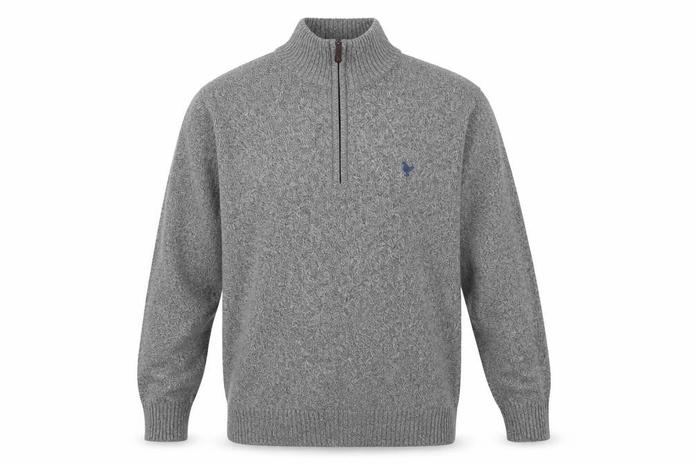 Front view of John Parlridge men’s grey mock neck wool jumper, size L, long sleeve