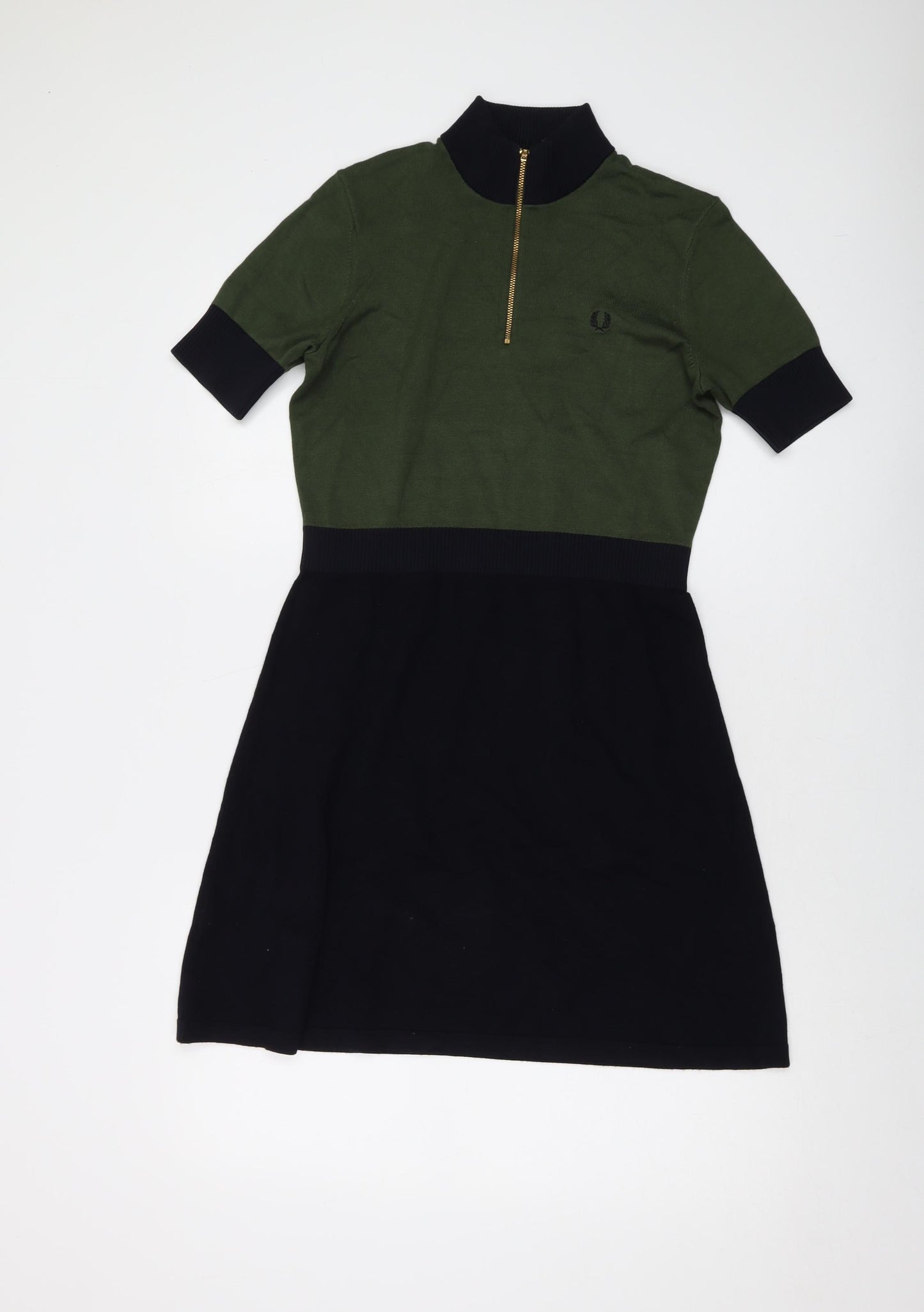 Fred Perry Womens Green Acrylic Jumper Dress Size 10 Mock Neck Zip