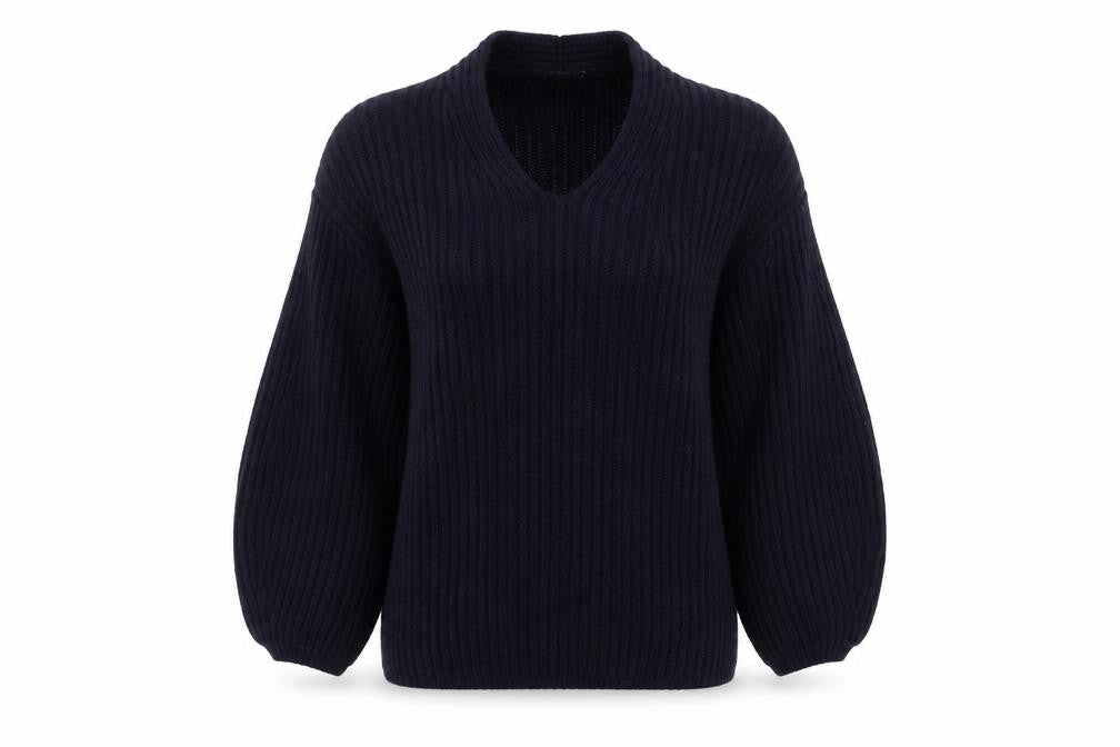Front view of Lineamaglia women’s blue v-neck acrylic jumper, size M